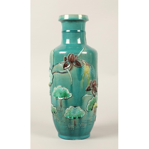 12 - Large oriental ceramic vase turquoise glaze with crane and lotus design, 35cm h