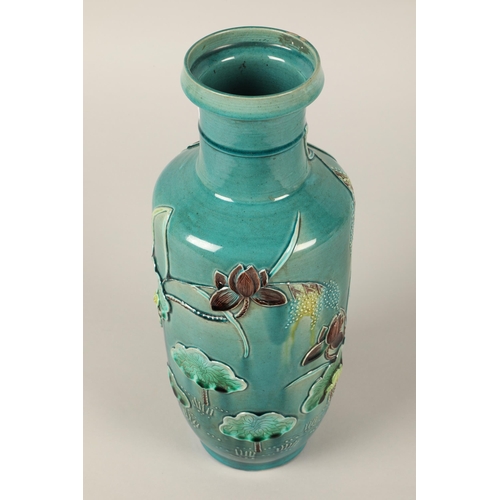 12 - Large oriental ceramic vase turquoise glaze with crane and lotus design, 35cm h