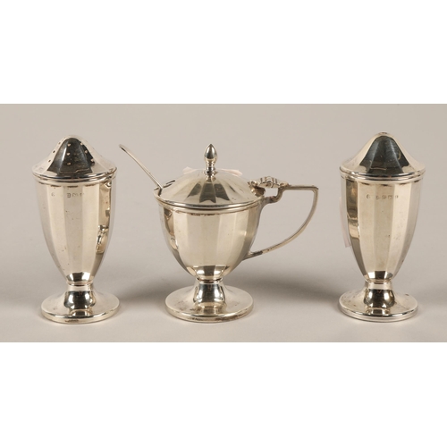 158 - Three piece silver cruet set, Birmingham 1939, plastic lined, gross weight 126g