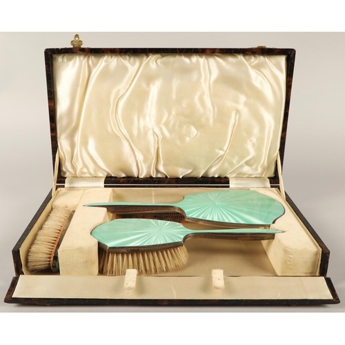 160 - Enamelled silver vanity set in fitted case, Birmingham 1935