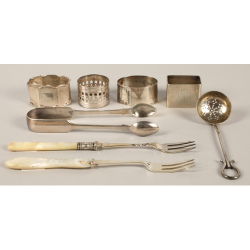 164 - Assorted silver & silver plated items including napkin rings, draining ladle, pickle forks &... 