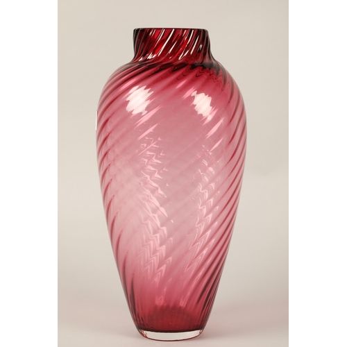 19 - Large cranberry glass spiral effect vase 35cm h