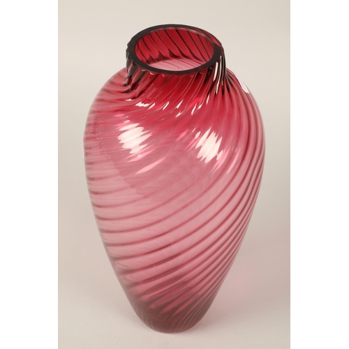 19 - Large cranberry glass spiral effect vase 35cm h