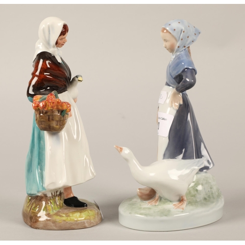 20 - Royal Doulton figurine Country Lass HN1991 and a Royal Copenhagen woman with goose (2)