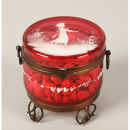 25 - Mary Gregory cranberry glass jar, contains large quantity of small shells, 9cm h x 9cm d