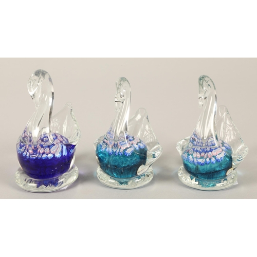 29 - John Deacons art glass three millefiori swan paperweights