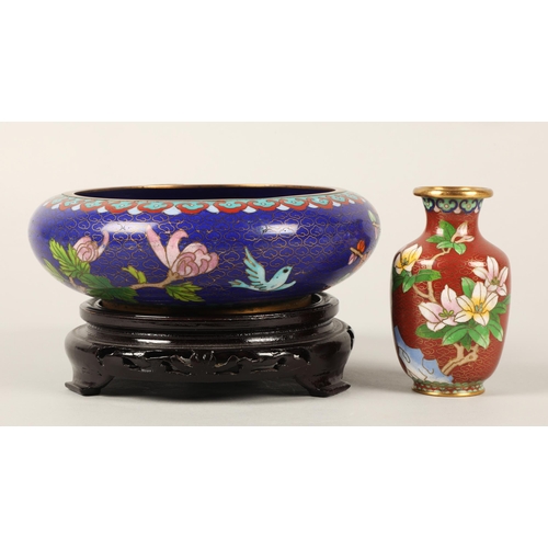 35 - Cloisonne dish on wooden stand and a small cloisonne vase