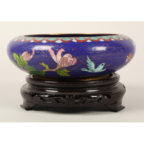 35 - Cloisonne dish on wooden stand and a small cloisonne vase