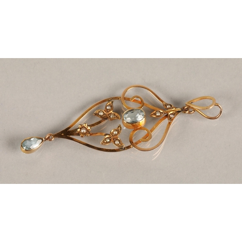 52 - 9ct gold Edwardian pendant set with seed pearls and pale blue gems likely aquamarine, 2g