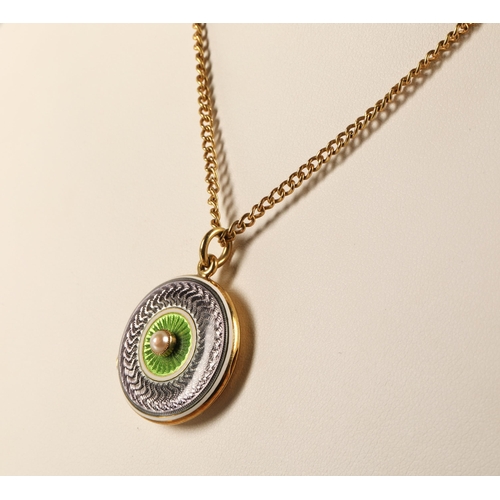 56 - Yellow metal green and grey enamelled locket set with a seed pearl, on a 15ct gold chain, chain weig... 