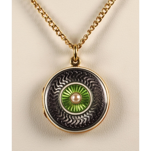 56 - Yellow metal green and grey enamelled locket set with a seed pearl, on a 15ct gold chain, chain weig... 