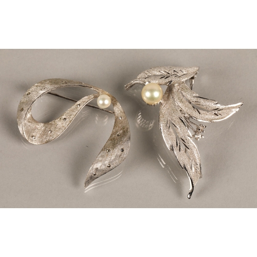 60 - Vintage 800 silver brooch set with a pearl and marcasite, and another white metal in similar style