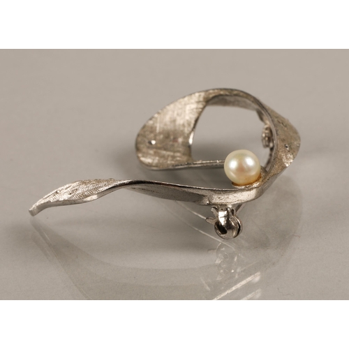 60 - Vintage 800 silver brooch set with a pearl and marcasite, and another white metal in similar style