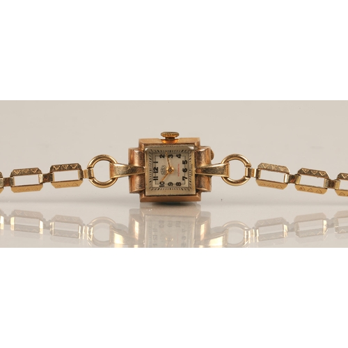 61 - 9ct gold ladies Trebex wristwatch, rolled gold strap