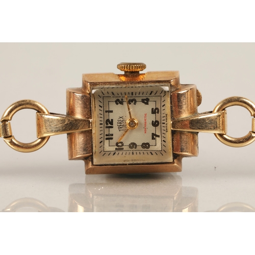 61 - 9ct gold ladies Trebex wristwatch, rolled gold strap