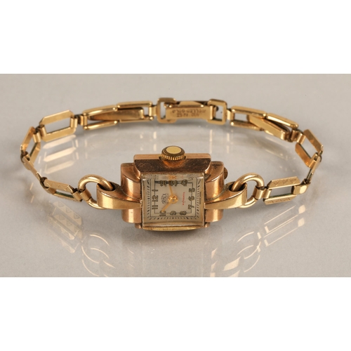 61 - 9ct gold ladies Trebex wristwatch, rolled gold strap