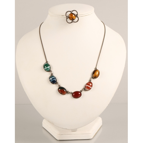 68 - John Hart, Iona silver necklace set with six cabochon gems including agate and tigers eye, and brooc... 