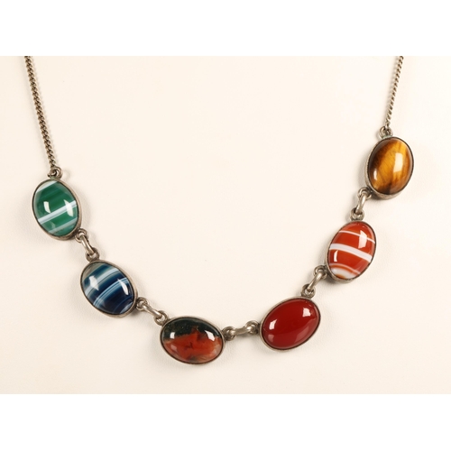 68 - John Hart, Iona silver necklace set with six cabochon gems including agate and tigers eye, and brooc... 