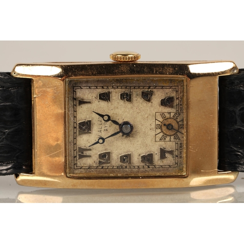 74 - 9ct gold wristwatch with leather strap, the dial stamped W Allan, Ayr