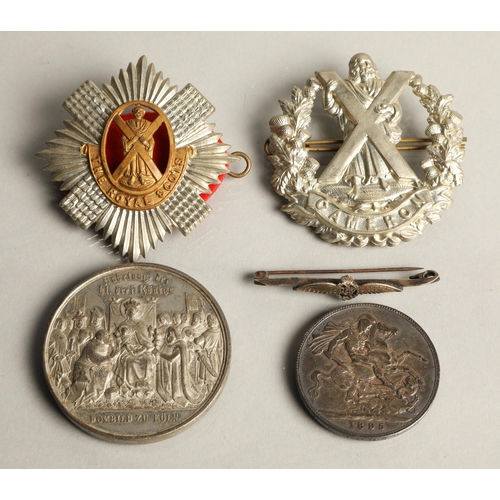 94 - Two cap badges Royal Scots and Royal Camerons, an 1895 Victoria silver crown, Der Dom Zu Koln Cologn... 