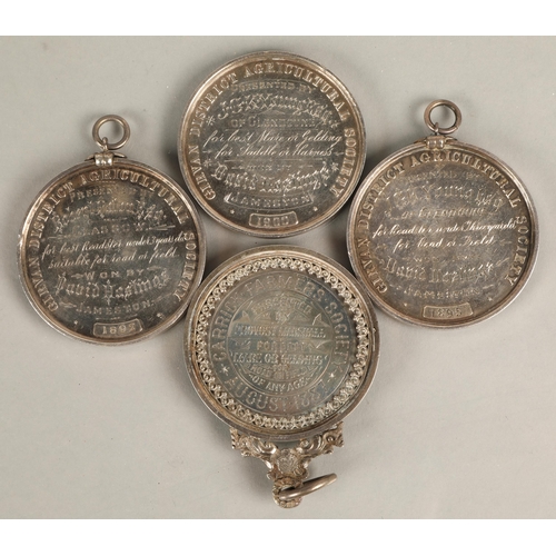 96 - Four white metal agricultural medals, Girvan District and Carrick Farmers Society, dated 1887, 1892,... 