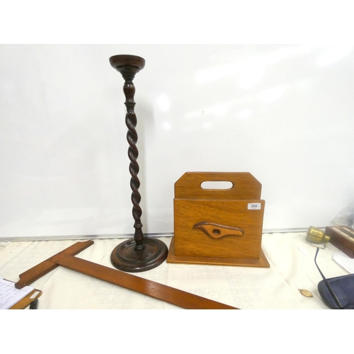 254 - Large oak barley twist candle stick, letter rack and a square