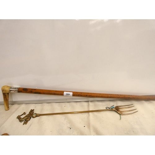 269 - Horn handle walking stick with silver collar and toasting fork.