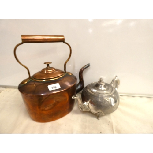 282 - Large copper kettle and EPNS tea pot dated 1861