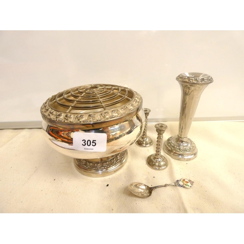 305 - EPNS including rose bowl, spill vase and a pair of  candlesticks etc