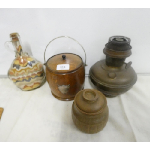 316 - Glass bottle 'Isle Of Night Sand', oak biscuit barrel, oil lamp etc.