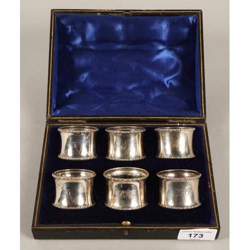 173 - Cased set of six silver napkin rings, Birmingham 1945, gross weight 130g