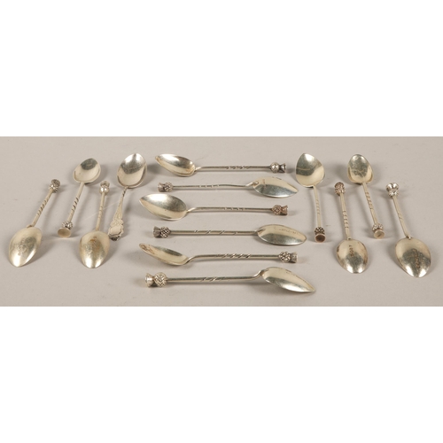 177 - Thirteen thistle topped silver teaspoons, assorted hallmarks, gross weight 128g