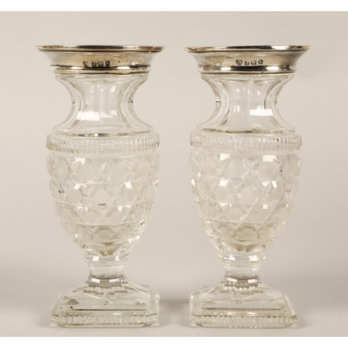 179 - Pair silver lipped cut glass vases, Birmingham 1925, each 16cmh