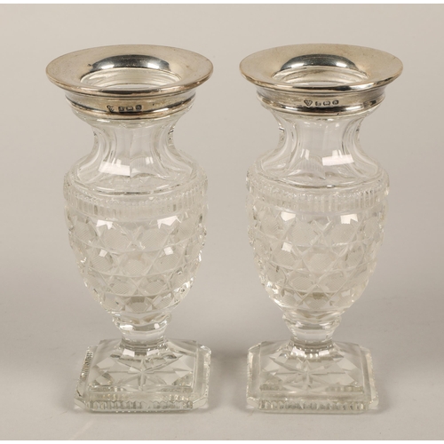 179 - Pair silver lipped cut glass vases, Birmingham 1925, each 16cmh