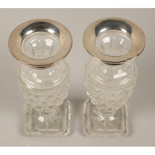 179 - Pair silver lipped cut glass vases, Birmingham 1925, each 16cmh