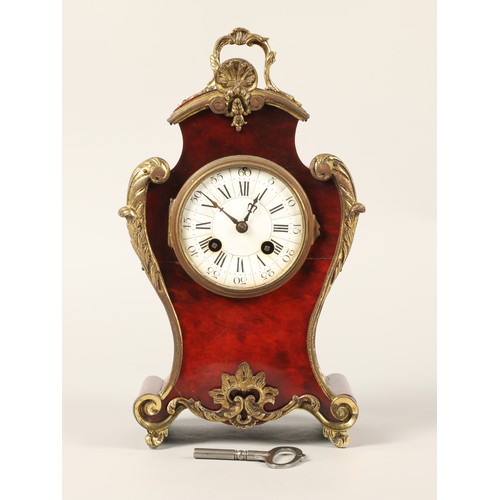 184 - 19th  century French mantle clock, tortoiseshell effect with brass detail, 30cm h