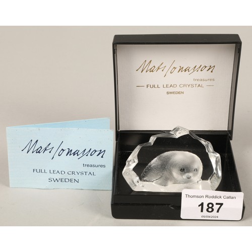 187 - Mats Jonasson, miniature crystal seal paperweight in box