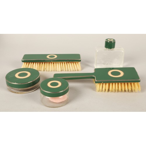 192 - RW Forsyth Glasgow & Edinburgh vintage green enamel travel vanity set in case, two vintage beade... 