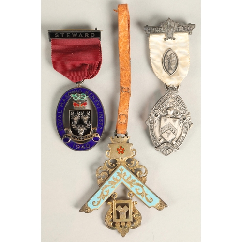 102 - Three masonic jewels, hallmarked silver, two enamelled, to include Royal Masonic Benevolent Institut... 