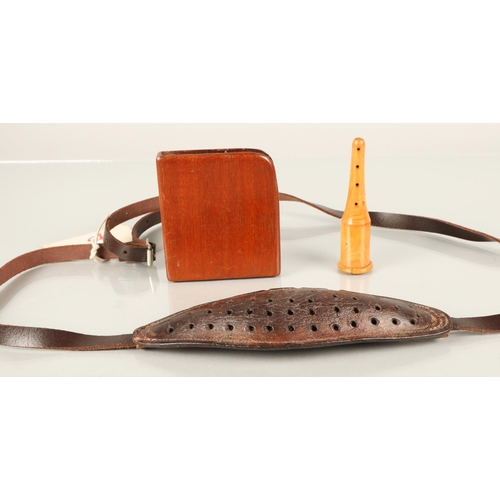 194 - Leather knitting needle holder on strap, wooden cigarette case and a wooden tool for needlework or s... 