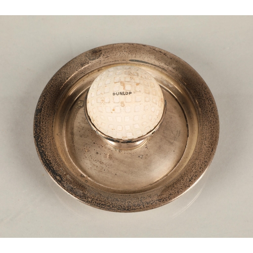 196 - Silver ash tray with a vintage Dunlop golf ball mounted in the centre, Birmingham 1936