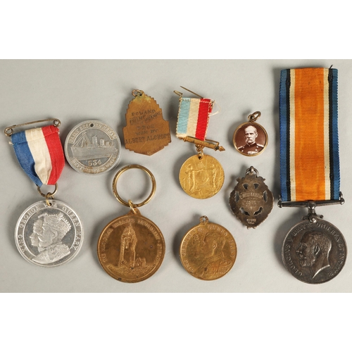 84 - British 1914-1918 WWI medal inscribed to 8334 PTE. T. MC PHAIL. R.S. FUS, and assorted other medalli... 