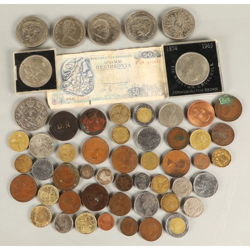 86 - A Greek bank note, and assorted coins mostly British and commemorative