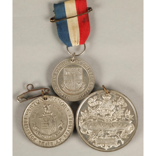 97 - Two 1902 coronation medallions and a Metropolitan Borough of Chelsea souvenir George V and Queen Mar... 