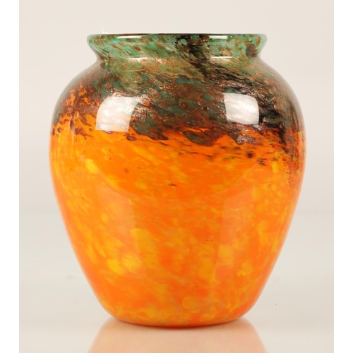 200 - Monart Scottish glass vase, orange teal and aventurine colours, 15cm h