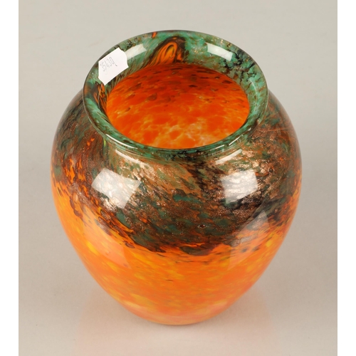 200 - Monart Scottish glass vase, orange teal and aventurine colours, 15cm h