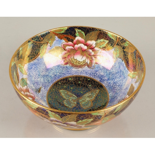 201 - Maling lustre ware bowl with floral butterfly design, 21cm diameter