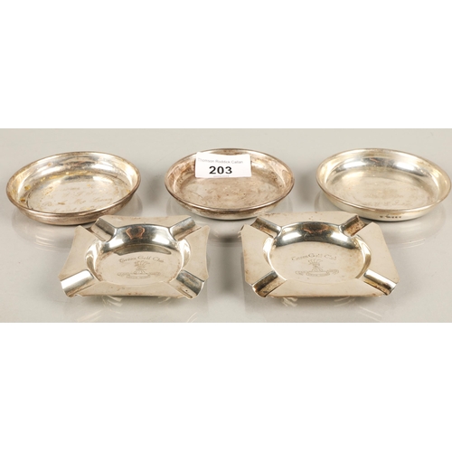 203 - Troon Golf Club two hallmarked silver ash trays, Birmingham 1957 and 1963, and three Prestwick Golf ... 