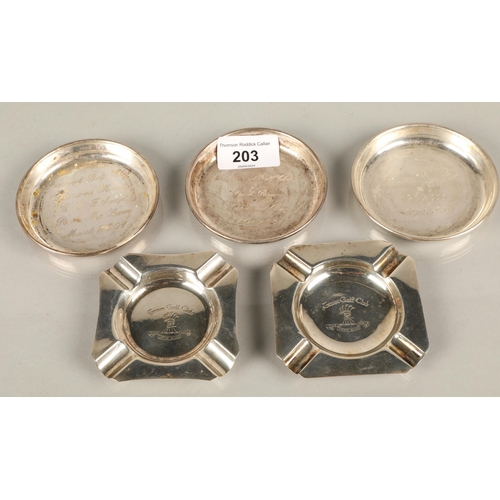 203 - Troon Golf Club two hallmarked silver ash trays, Birmingham 1957 and 1963, and three Prestwick Golf ... 