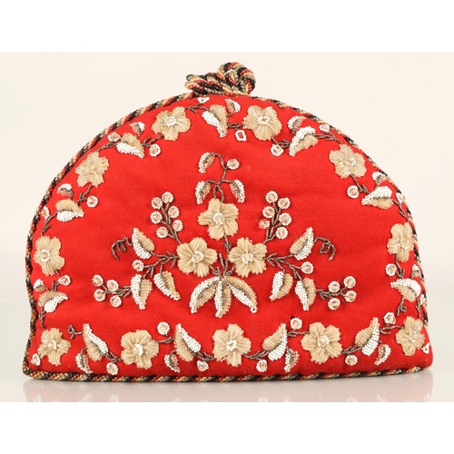 205 - Antique felt tea cosy embroidered with floral beadwork